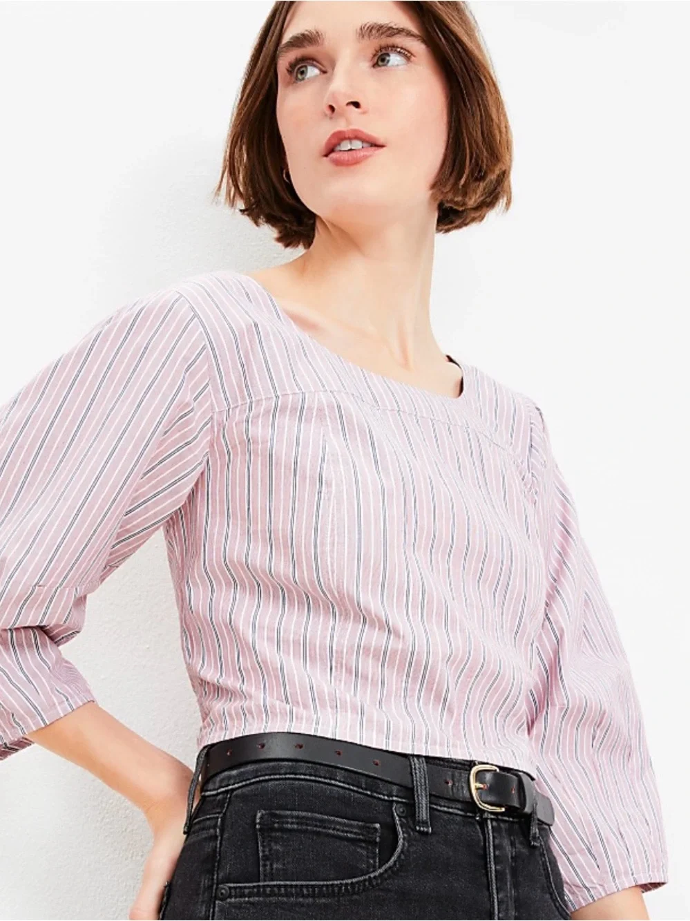LOFT Pink and White Striped Poplin Corset Seamed Blouse SZ 4 Great Condition.